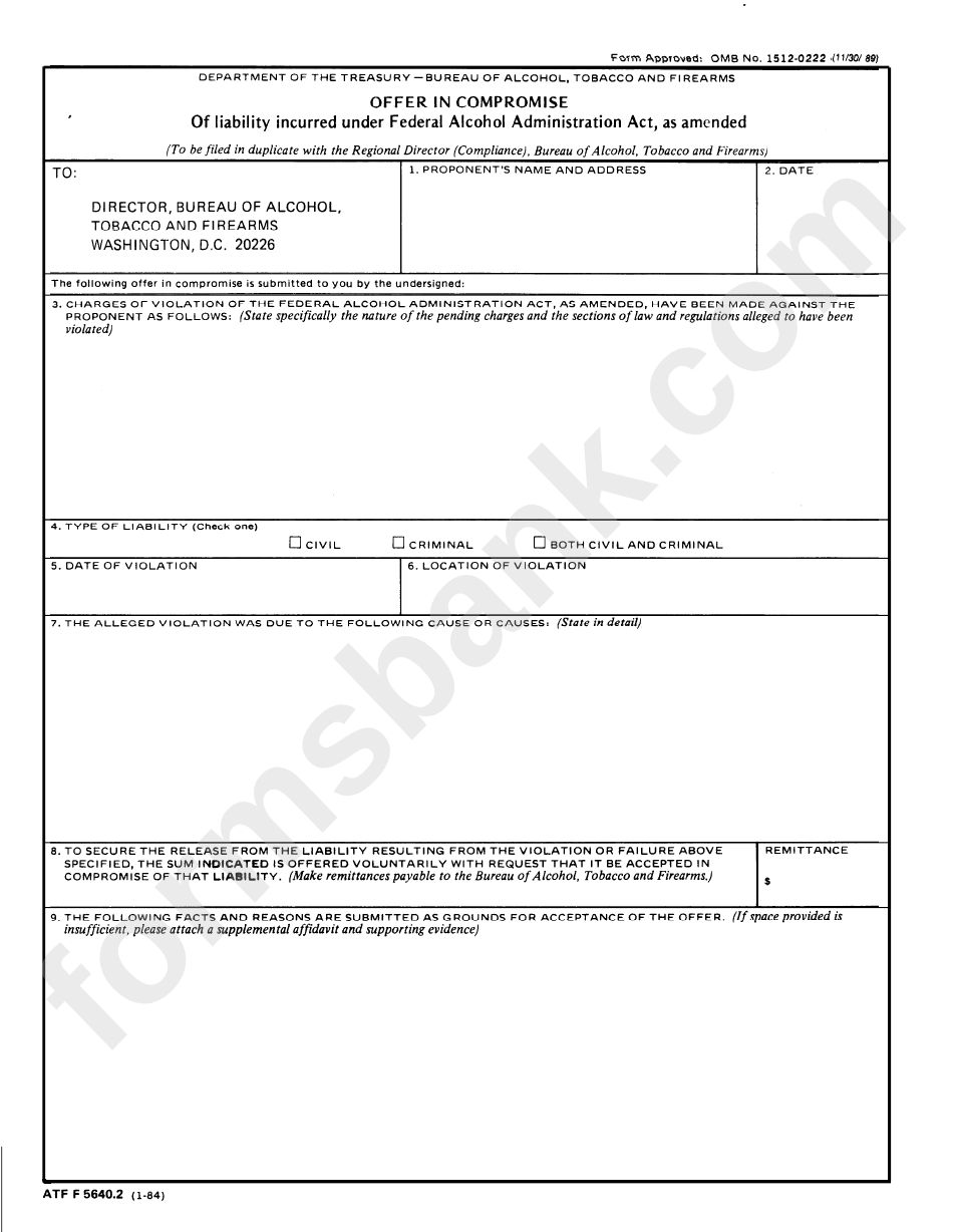 Form Atf F 5640.2 - Offer In Compromise Of Liability Incurred Under Federal Alcohol Administration Act, As Amended