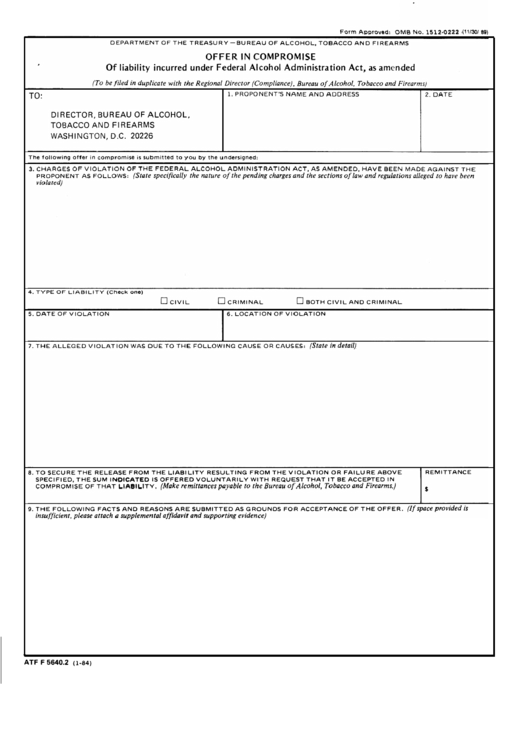 Form Atf F 5640.2 - Offer In Compromise Of Liability Incurred Under Federal Alcohol Administration Act, As Amended Printable pdf