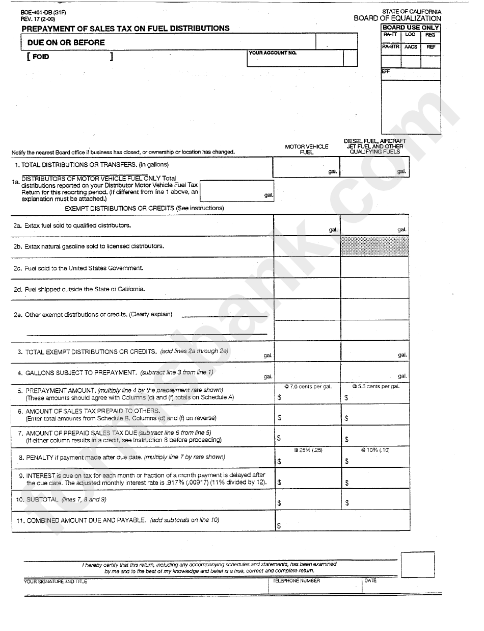 Form Boe-401-Db - Prepayment Of Sales Tax On Fuel Distributions - California Board Of Equalization