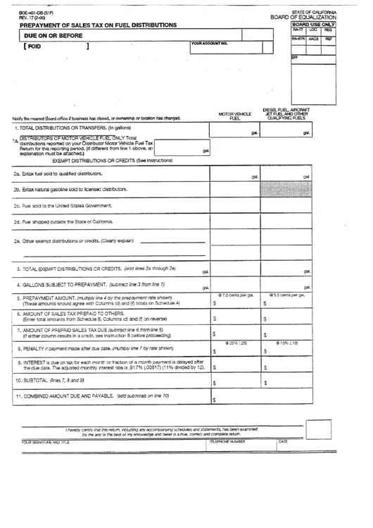 Form Boe-401-Db - Prepayment Of Sales Tax On Fuel Distributions - California Board Of Equalization Printable pdf