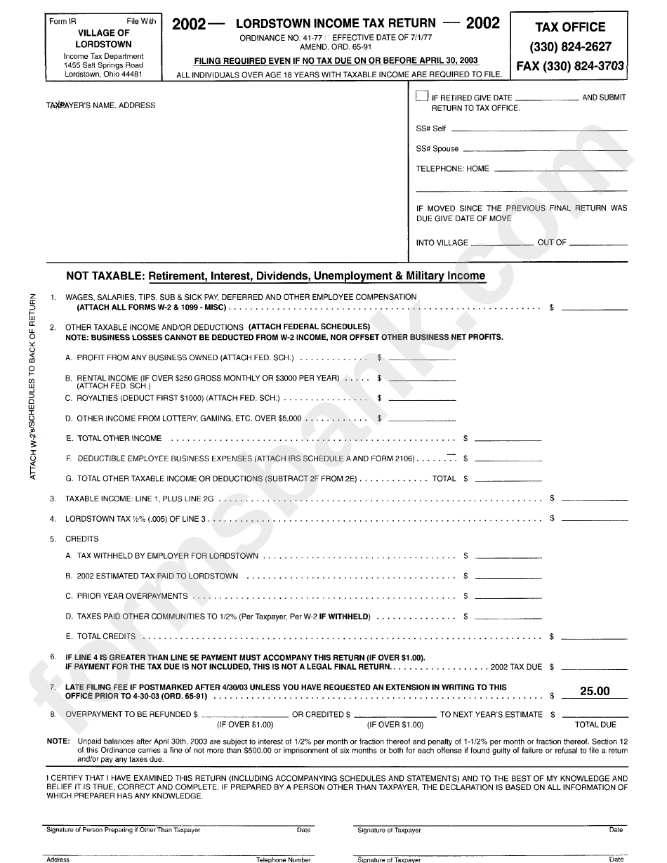 Form Ir - Lordstown Income Tax Return - 2002