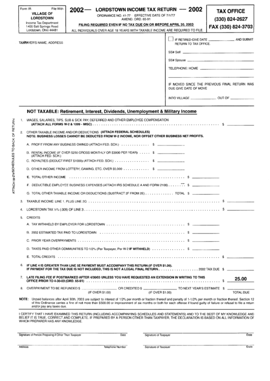 Form Ir - Lordstown Income Tax Return - 2002 Printable pdf