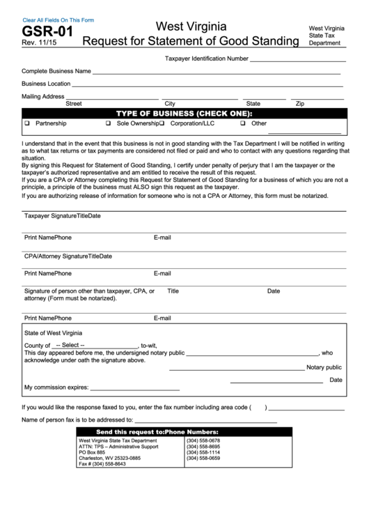 Fillable Form Gsr-01 - West Virginia Request For Statement Of Good Standing Printable pdf