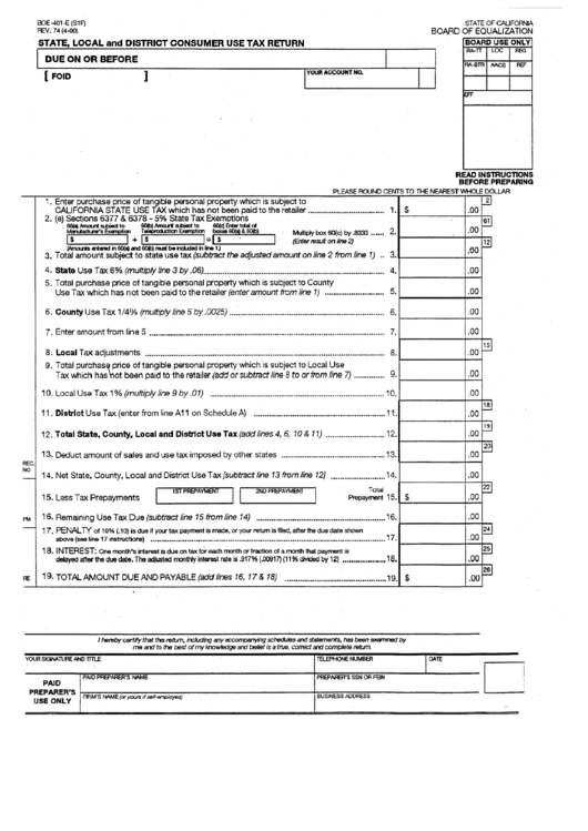 Form Boe-401-E - State, Local And District Consumer Use Tax Return - California Board Of Equalization Printable pdf