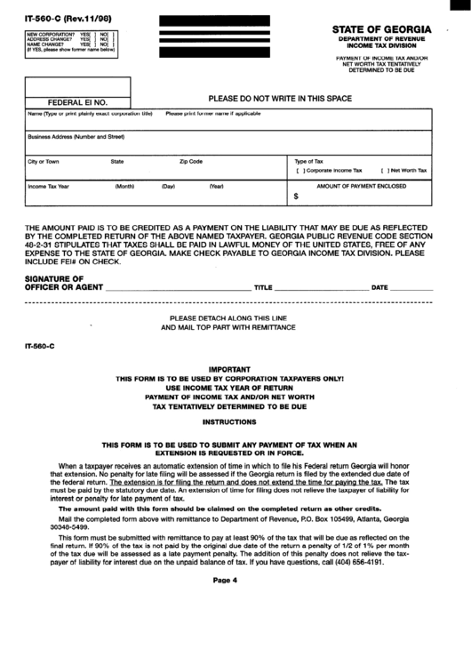 Fillable Form It-560-C - Payment Of Income Tax And/or Net Worth Tax Tentatively Determined To Be Due - Georgia Department Of Revenue Printable pdf