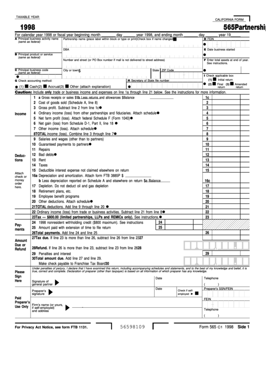 Fillable Form 565 - Partnership Return Of Income - 1998 Printable pdf