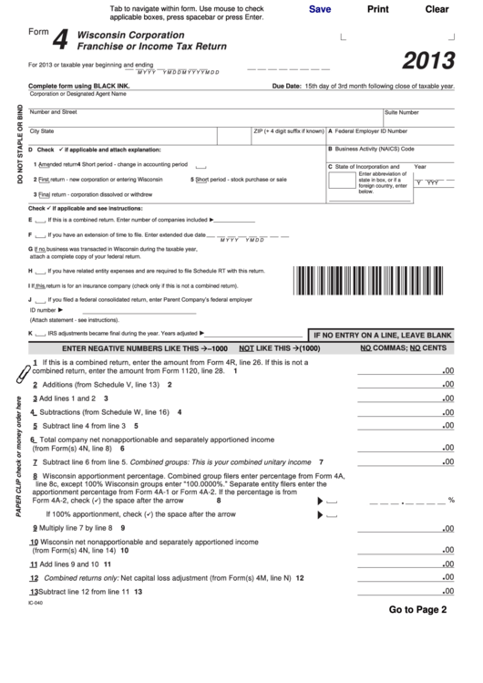 Fillable Form 4 - Wisconsin Corporation Franchise Or Income Tax Return - 2013 Printable pdf