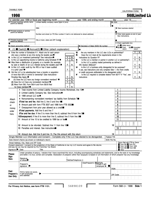 Fillable Form 568 - Limited Liability Company Return Of Income - 1998 Printable pdf
