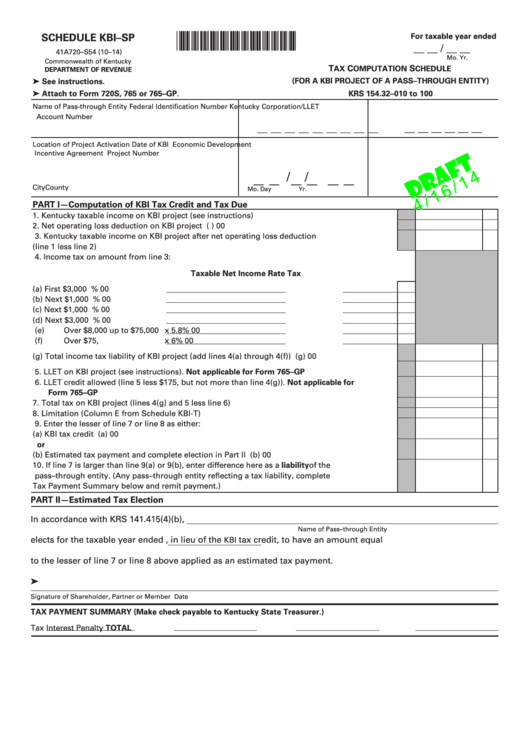 Form 41a720-S54 Draft -Schedule Kbi-Sp - Tax Computation Schedule - 2014 Printable pdf