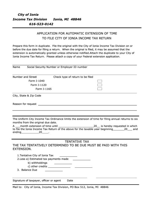 Fillable Application For Automatic Extension Of Time To File City Of Ionia Income Tax Return Printable pdf