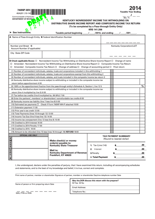 Form 740np-Wh Draft - Kentucky Nonresident Income Tax Withholding On Distributive Share Income Report And Composite Income Tax Return - 2014 Printable pdf