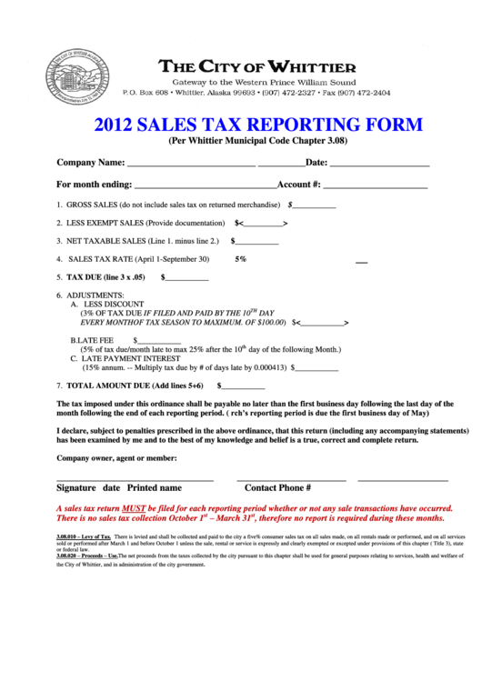 2012 Sales Tax Reporting Form - City Of Whittier Printable pdf