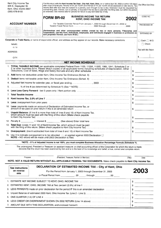 Form Br-02 - Business Income Tax Return Kent, Ohio Income Tax - 2002 Printable pdf