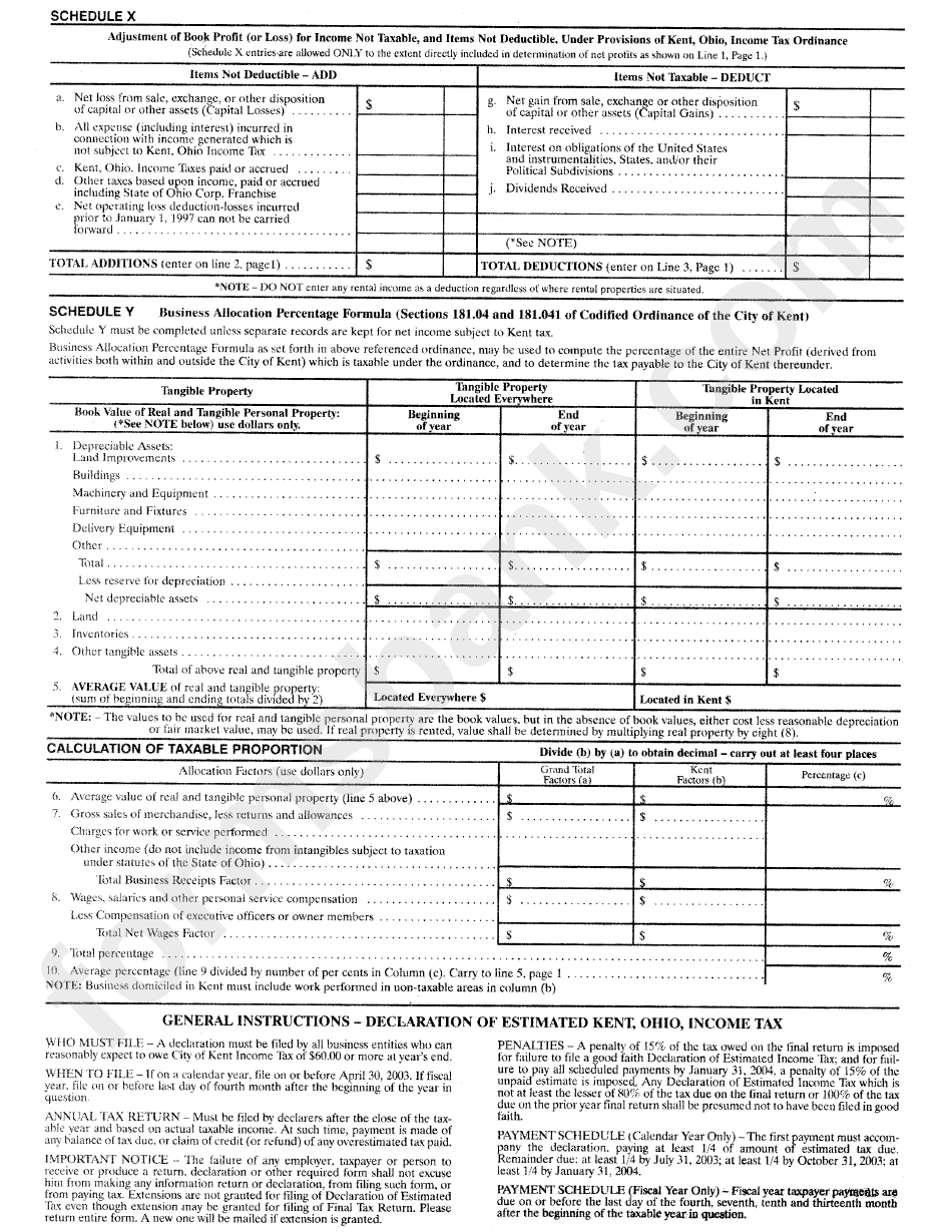 Form Br-02 - Business Income Tax Return Kent, Ohio Income Tax - 2002