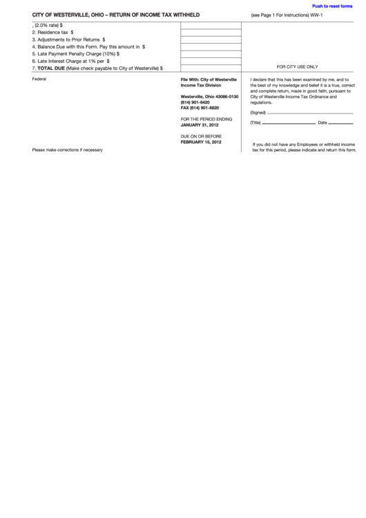 Fillable Form Ww-1 - Return Of Income Tax Withheld - City Of Westerville, Ohio Printable pdf