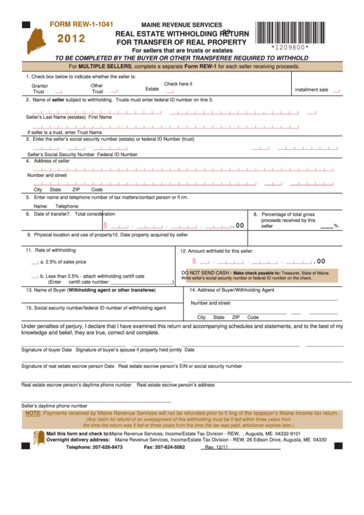 Form Rew-1-1041 - Real Estate Withholding Return For Transfer Of Real Property - 2012 Printable pdf