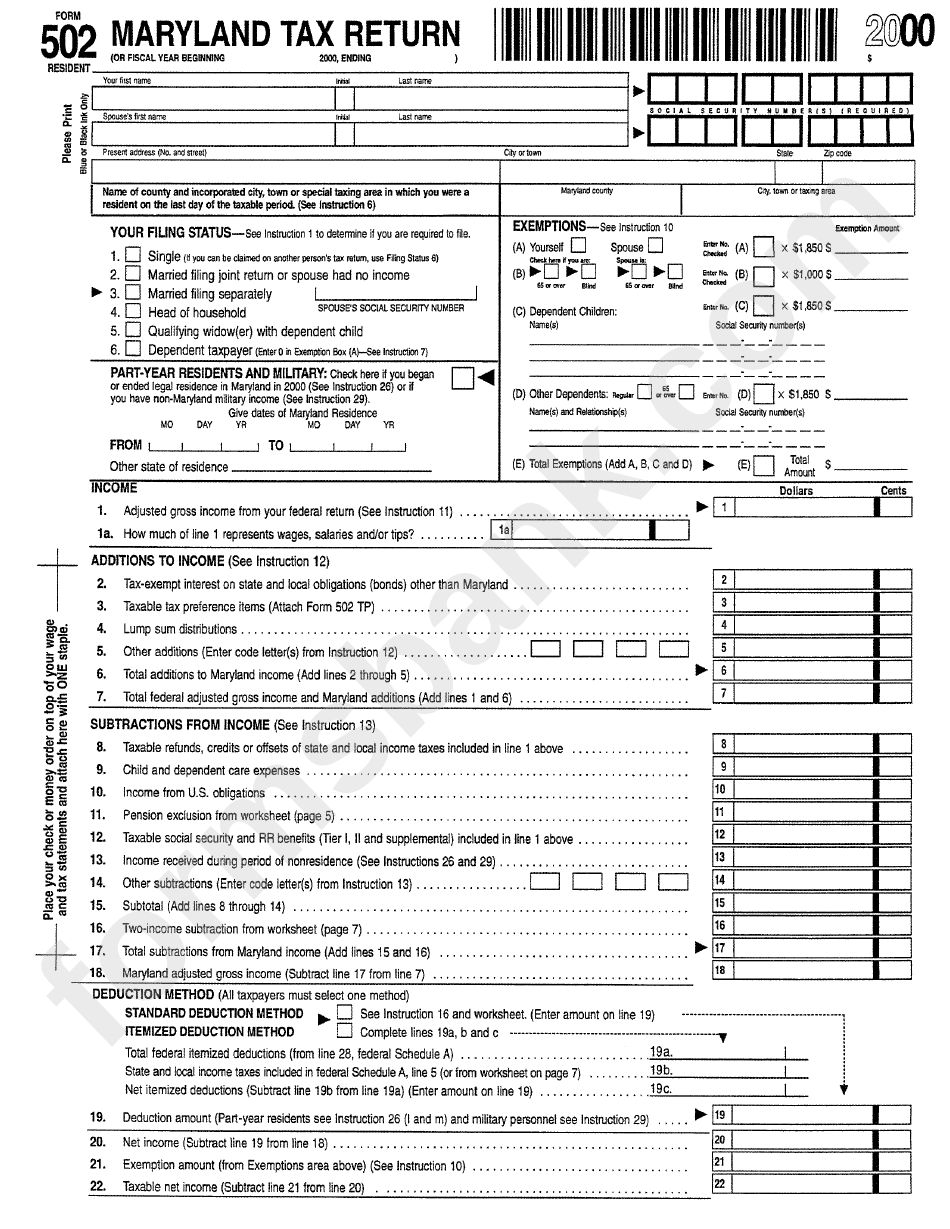 Form 502 - Maryland Tax Return - 2000