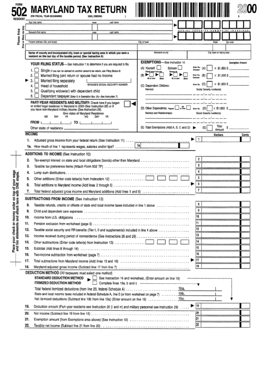 Form 502 - Maryland Tax Return - 2000 Printable pdf