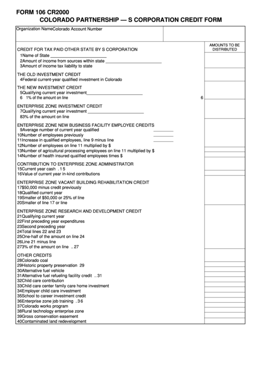 Form 106 Cr - Colorado Partnership - S Corporation Credit Form - 2000 Printable pdf