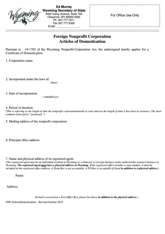 Fillable Foreign Nonprofit Corporation Articles Of Domestication - Wyoming Secretary Of State Printable pdf