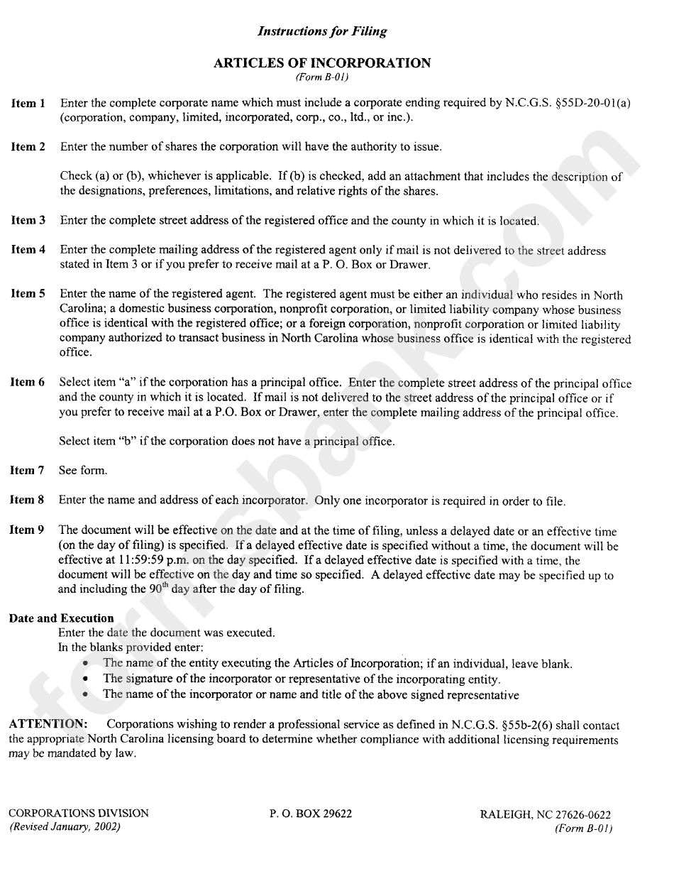 Instructions For Filing Articles Of Incorporation (Form B-01)