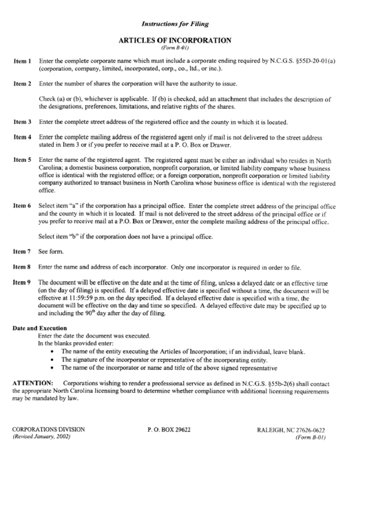 Instructions For Filing Articles Of Incorporation (Form B-01) Printable pdf