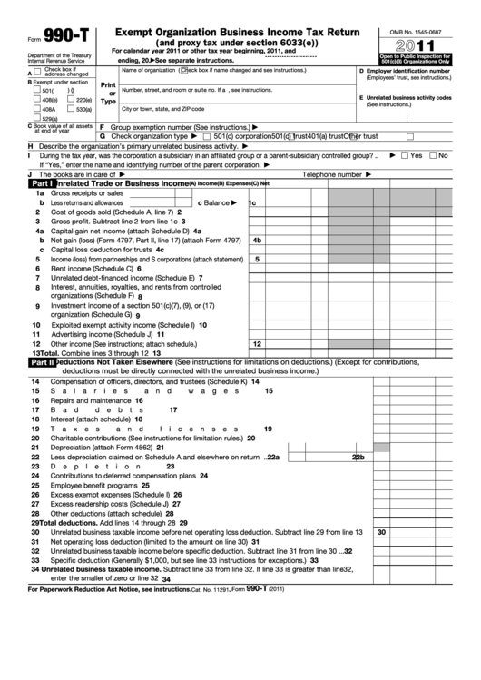 Fillable Form 990-T - Exempt Organization Business Income Tax Return - 2011 Printable pdf