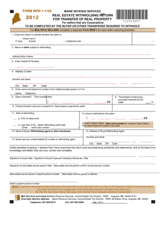 Form Rew-1-1120 - Real Estate Withholding Return For Transfer Of Real Property For Sellers That Are Corporations - 2012 Printable pdf