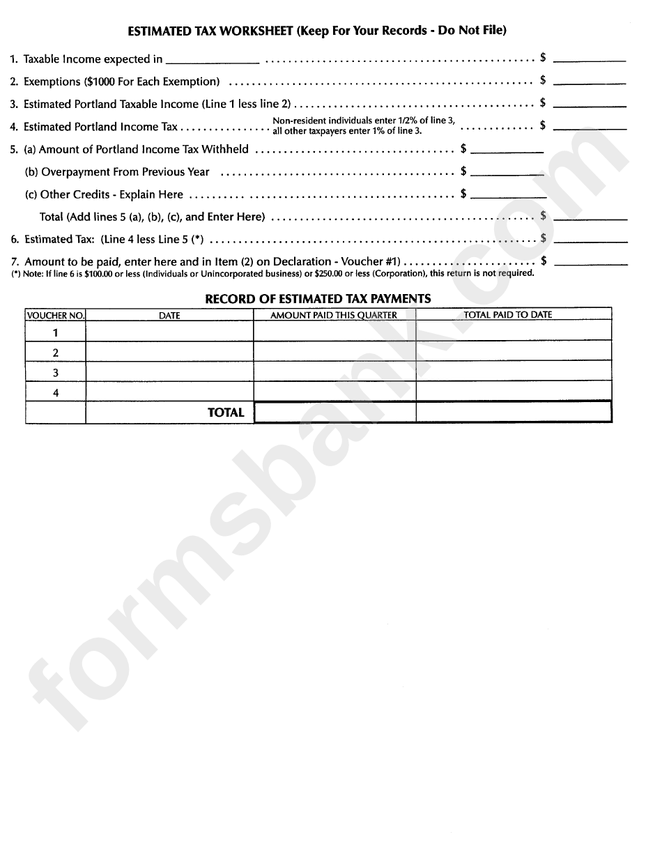 City Of Portland Declaration Of Estimated Income Tax P-1040es Instructions
