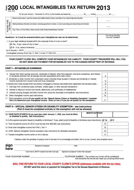 Form 200 - Local Intangibles Tax Return - 2013 Printable pdf