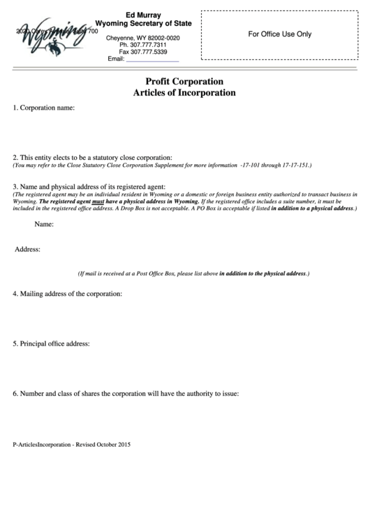 Fillable Profit Corporation Articles Of Incorporation Form - Wyoming Secretary Of State Printable pdf