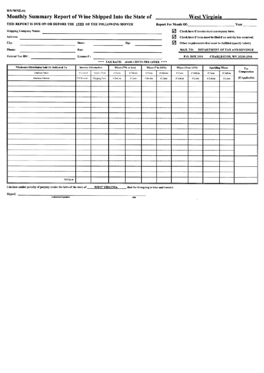 Form Wv-Wne-01 - Monthly Summary Of Wine Shipped Into The State Of West Virginia Printable pdf