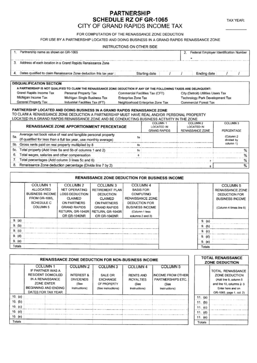 Partnership Schedule Rz Of Gr-1065 - City Of Grand Rapids Income Tax Printable pdf