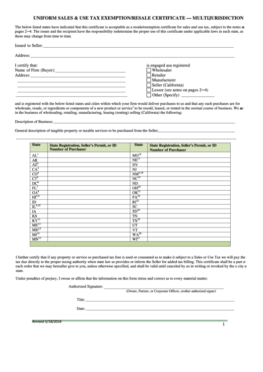 Fillable Uniform Sales & Use Tax Exemption/resale Certificate - Multijurisdiction Printable pdf