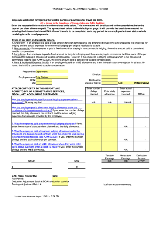 Taxable Travel Allowance Payroll Report - Alaska Department Of Administration Printable pdf