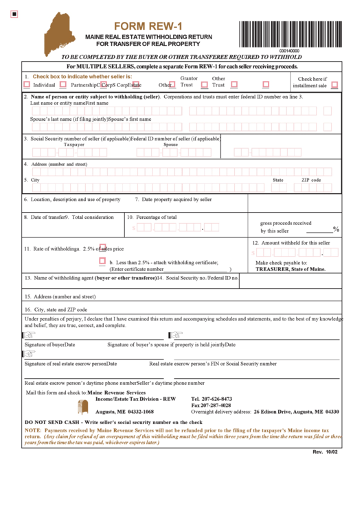 Form Rew-1 - Maine Real Estate Withholding Return For Transfer Of Real Property - 2002 Printable pdf