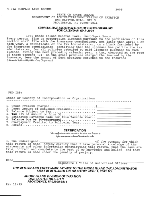 Form T-71a - Surplus Line Broker Return Of Gross Premiums - 2004 Printable pdf