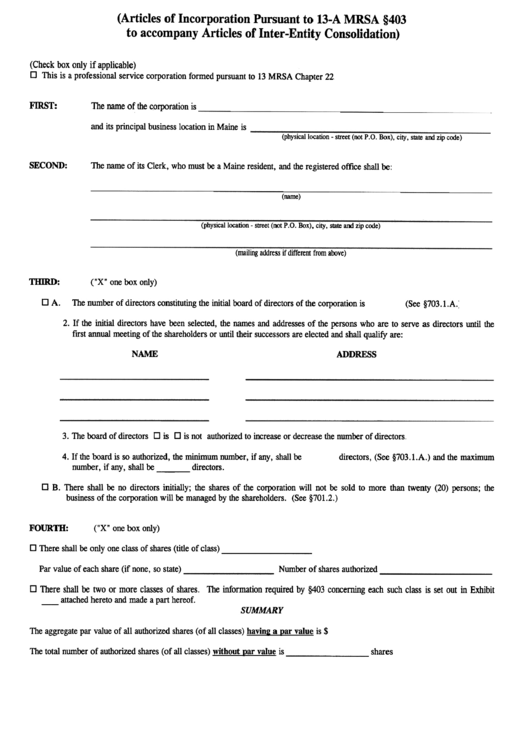 Form Cons-Bus 2000 - Articles Of Incorporation Pursuant To 13-A Mrsa 403 To Accompany Articles Of Inter-Entity Consolidation Printable pdf