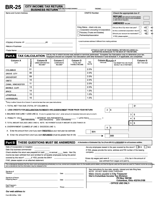 Form Br-25 - City Income Tax Return Business Return printable pdf download