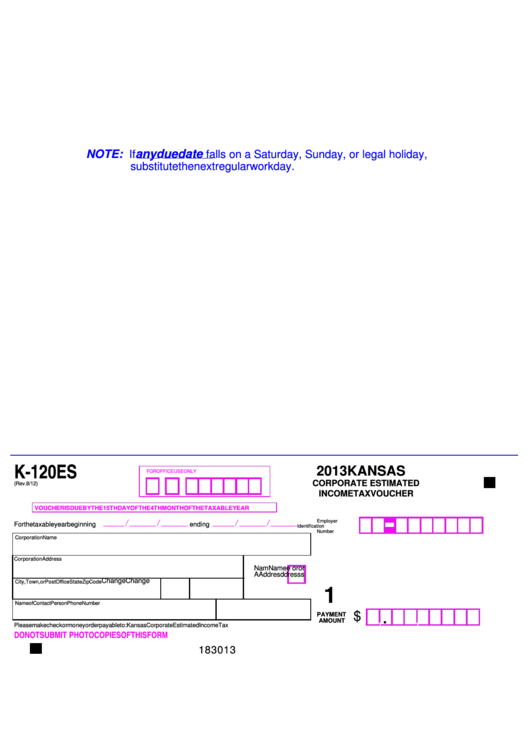 Form K-120es - Kansas Corporate Estimated Income Tax Voucher - 2013 Printable pdf