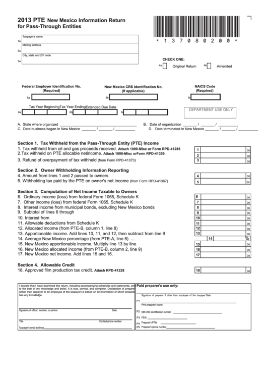 Form Pte - New Mexico Information Return For Pass-Through Entities - 2013 Printable pdf