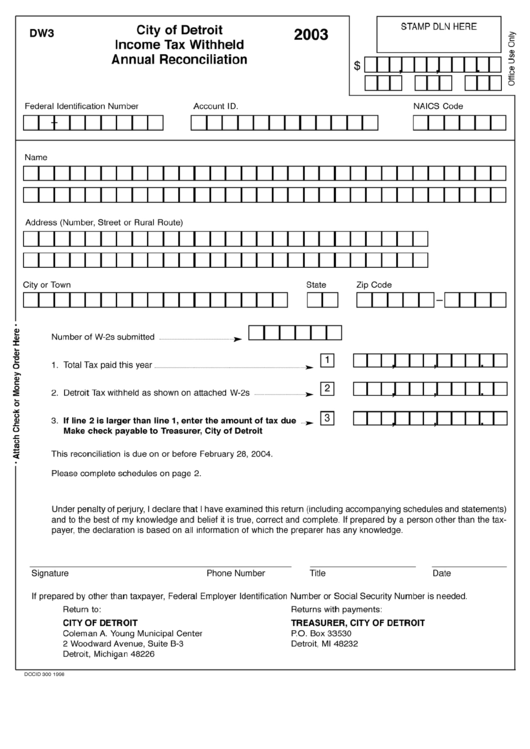 Form Dw3 - City Of Detroit Income Tax Withheld Annual Reconciliation - 2003 Printable pdf