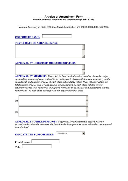 Articles Of Amendment Form - Vermont Domestic Nonprofits And Cooperatives (T.11b, 10.05) - Vermont Secretary Of State Printable pdf