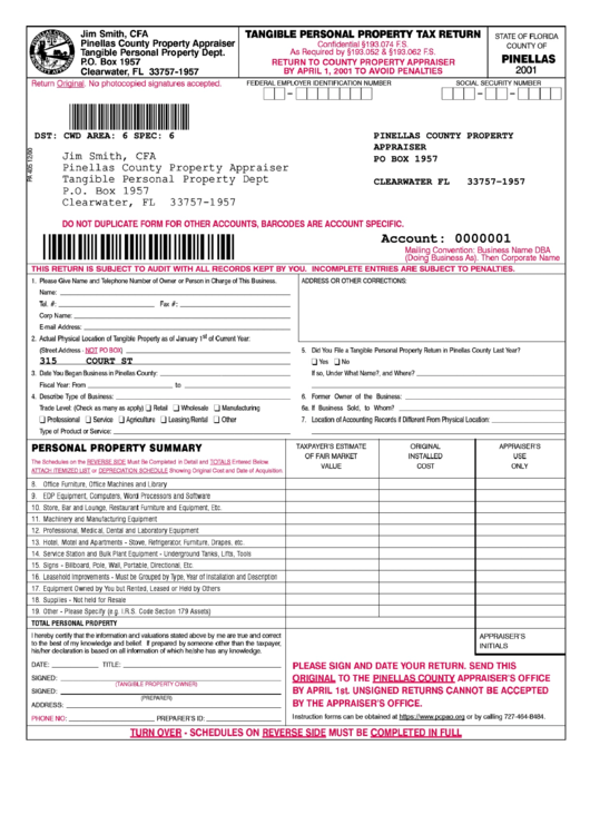 Tangible Personal Property Tax Return - 2001 - Pinellas County, Florida Printable pdf