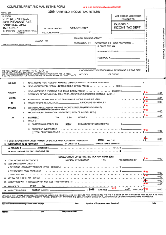 Fillable Form Br - Fairfield Income Tax Return - 2002 Printable pdf