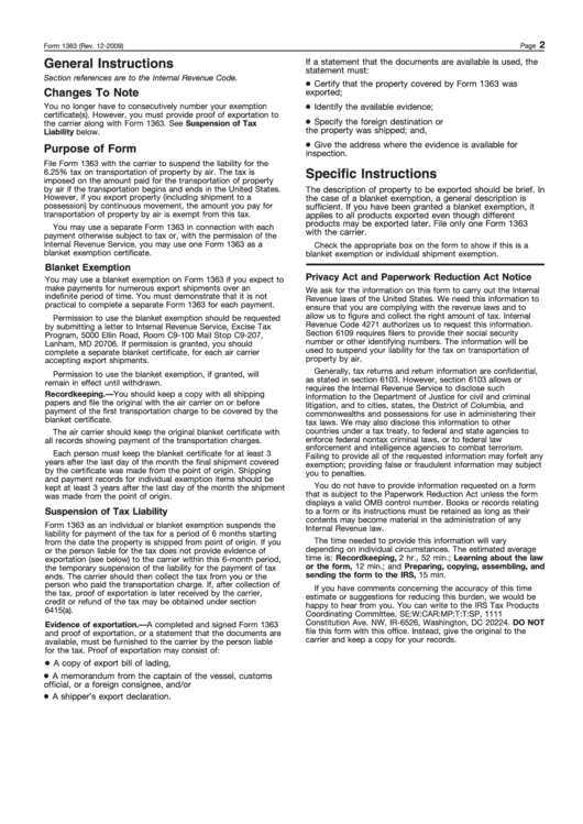Form 1363 (Rev. December 2009) Instructions - Irs Printable pdf