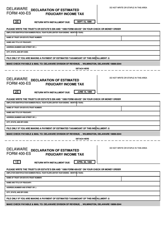 Fillable Form 400-Es - Declaration Of Estimated Fiduciary Income Tax - 1999 Printable pdf