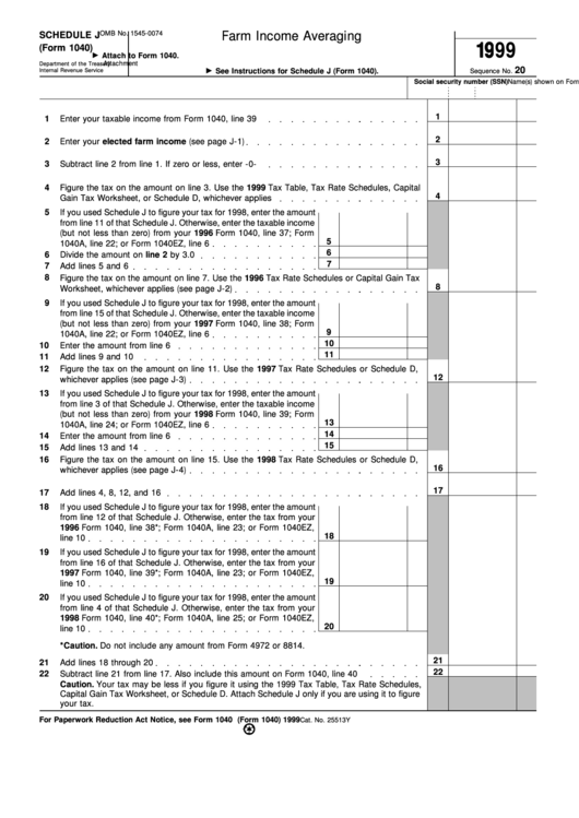 Schedule J (Form 1040) - Farm Income Averaging - 1999 Printable pdf