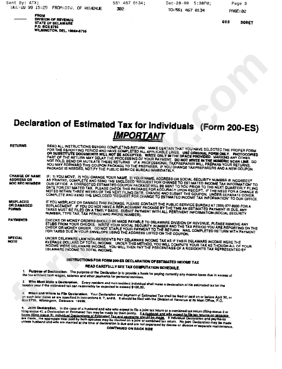 Form 200-Es - Declaration Of Estimated Tax For Individuals