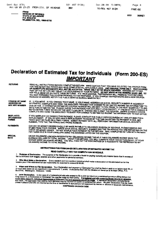 Form 200-Es - Declaration Of Estimated Tax For Individuals Printable pdf